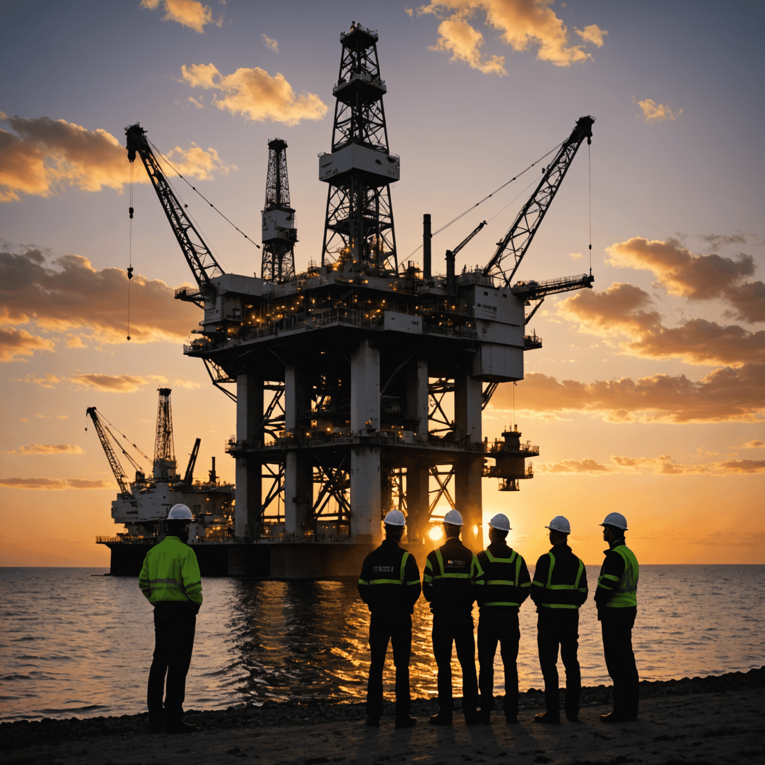 Oil rig at sunset with consulting team in the foreground discussing plans