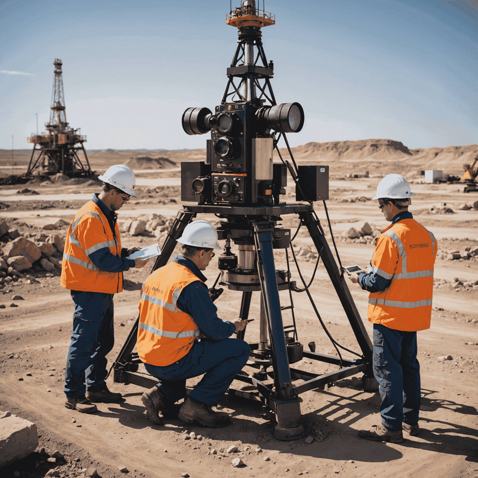 Geological survey team analyzing rock samples in an oil field, using advanced equipment to identify potential reserves