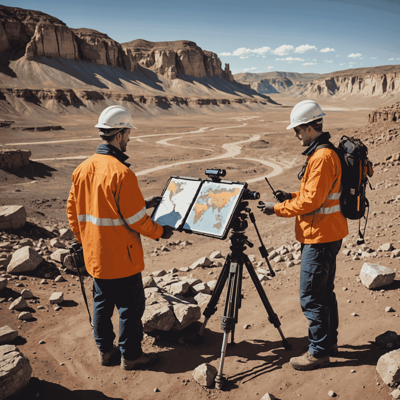 Geologists conducting a geological survey in a rugged terrain, using advanced equipment to map potential oil and gas reserves