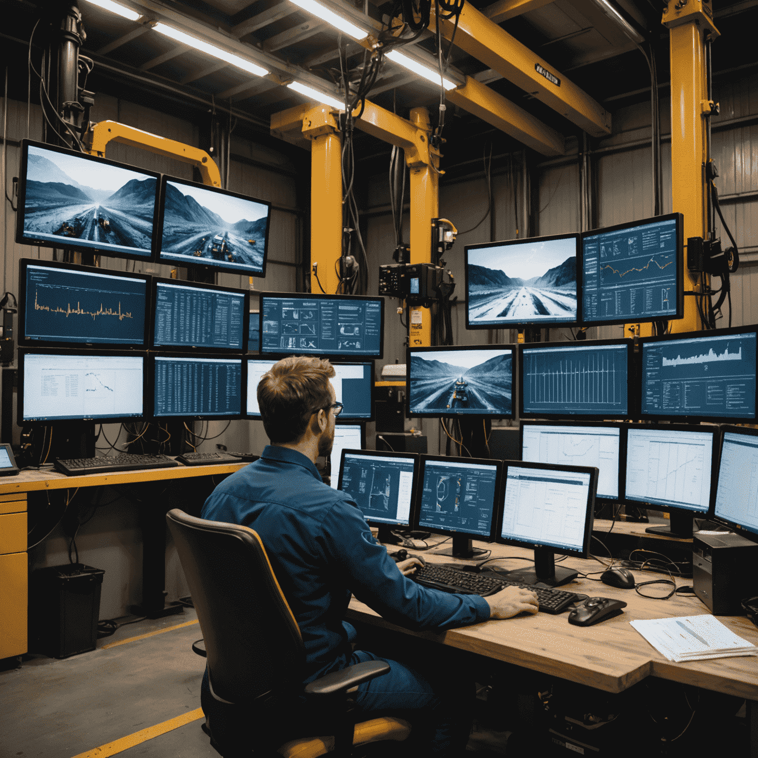 Advanced drilling rig with multiple screens showing real-time data analysis, surrounded by a team of engineers discussing optimization strategies