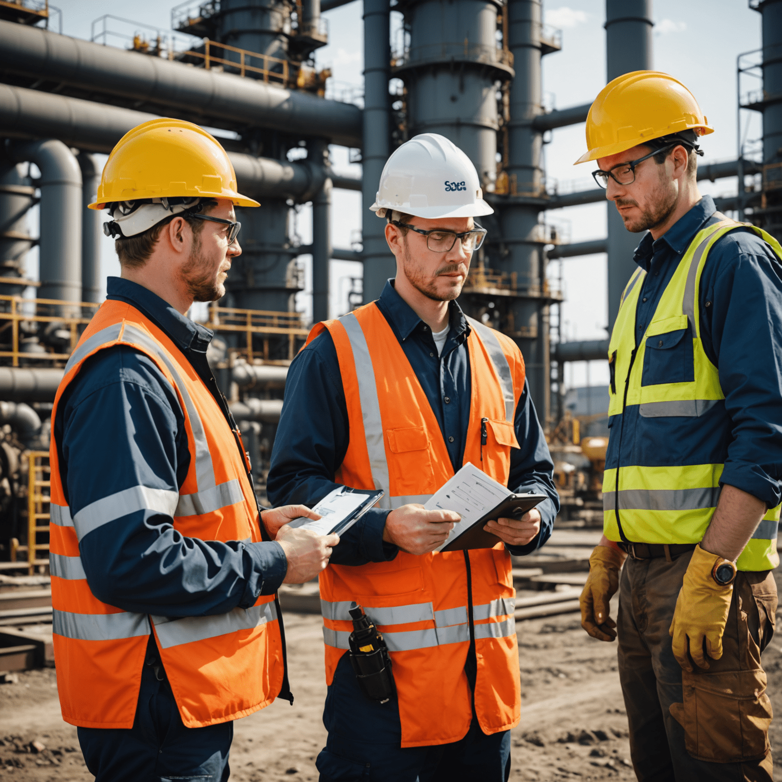 Oil and gas facility with workers wearing safety gear, conducting environmental inspections