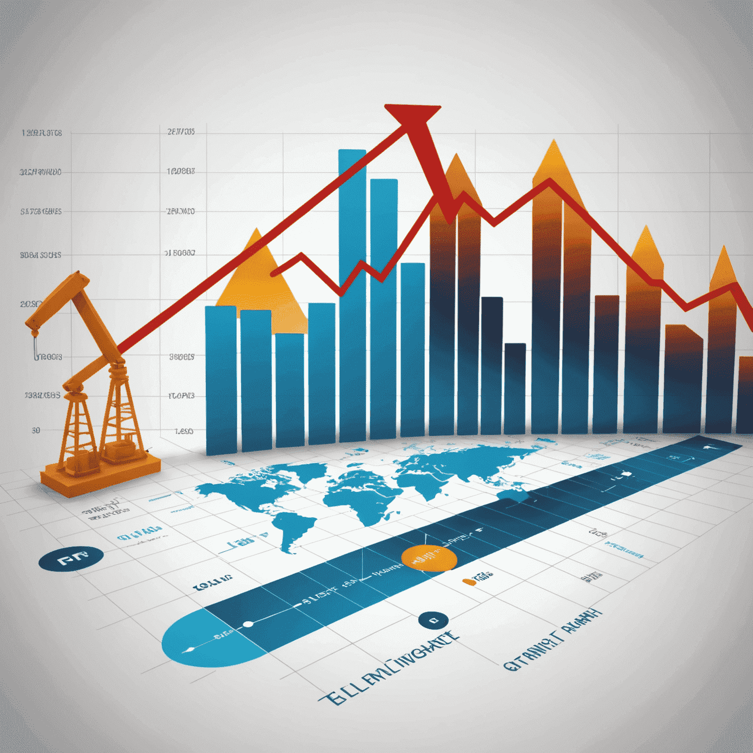 Graph showing oil price fluctuations and market trend lines with icons representing different factors affecting the global oil market