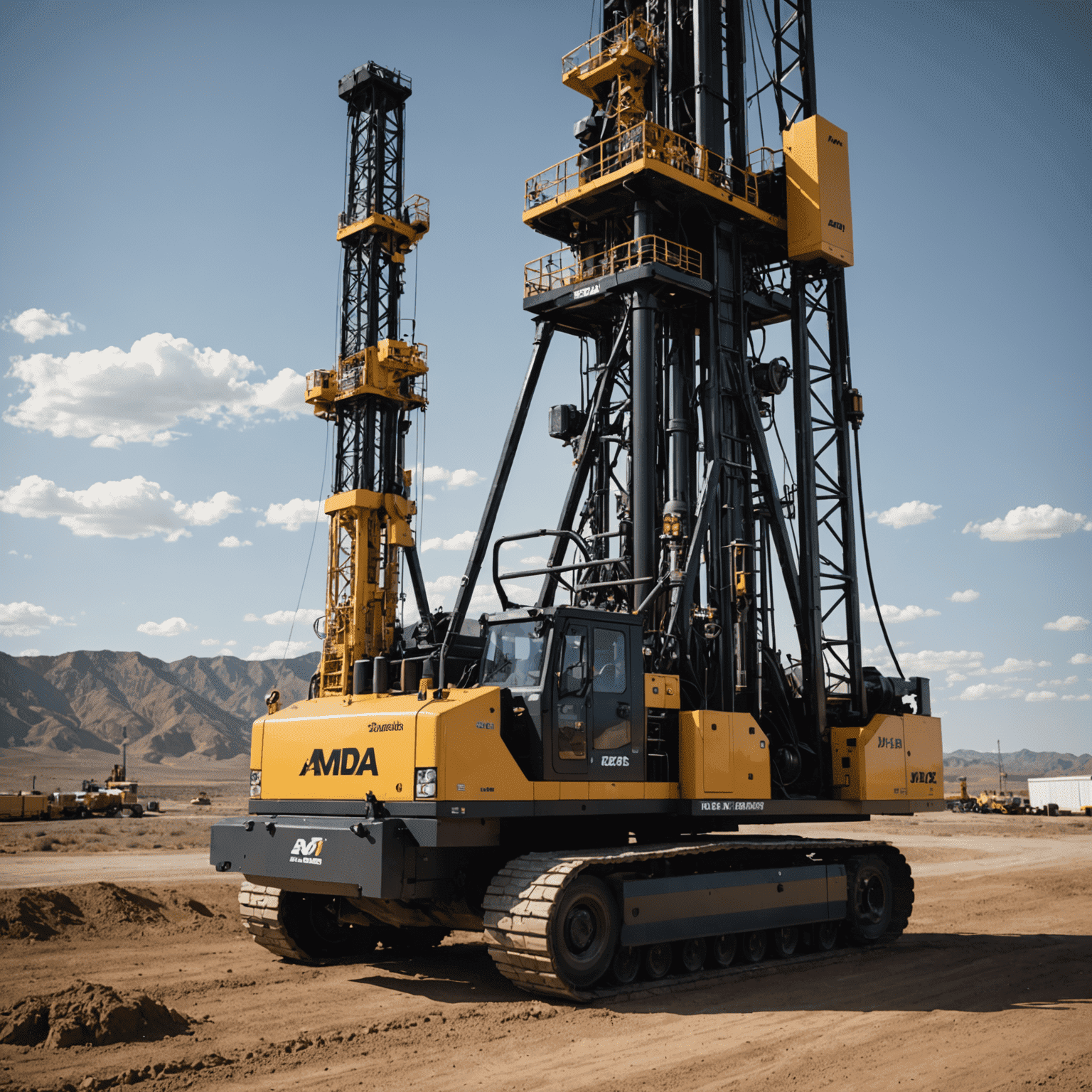 Advanced drilling rig with digital displays showing real-time optimization data and environmental impact metrics