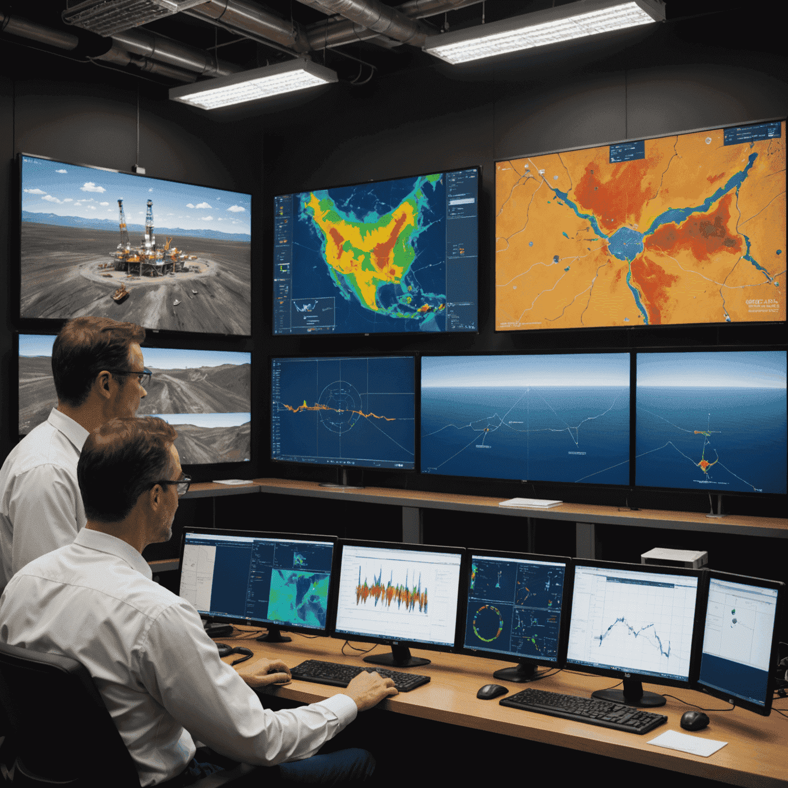 Geophysicists analyzing 3D seismic data on large screens, showcasing advanced technology used in oil and gas exploration