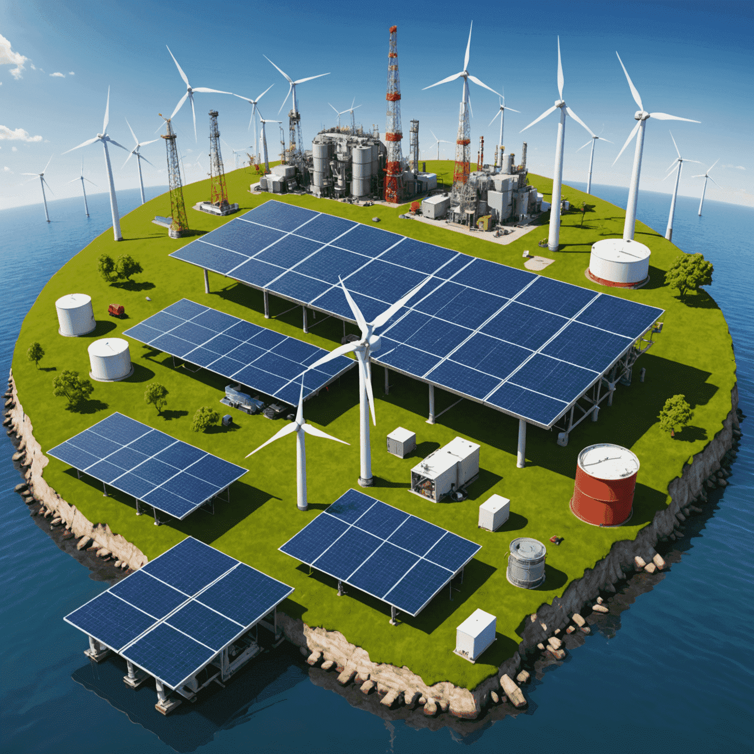 Collage of renewable energy sources like solar panels, wind turbines, and biofuel plants alongside traditional oil rigs, symbolizing diversification in the energy sector