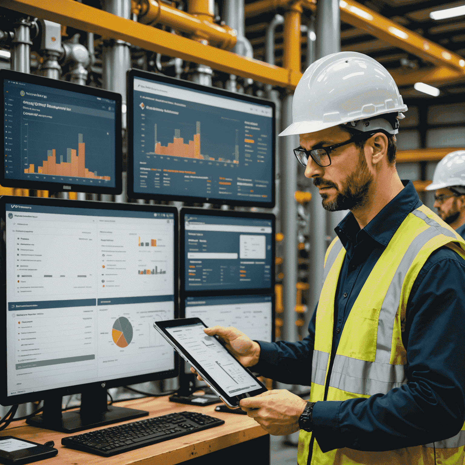 Safety manager reviewing digital HSE compliance dashboard with team in a modern oil and gas facility