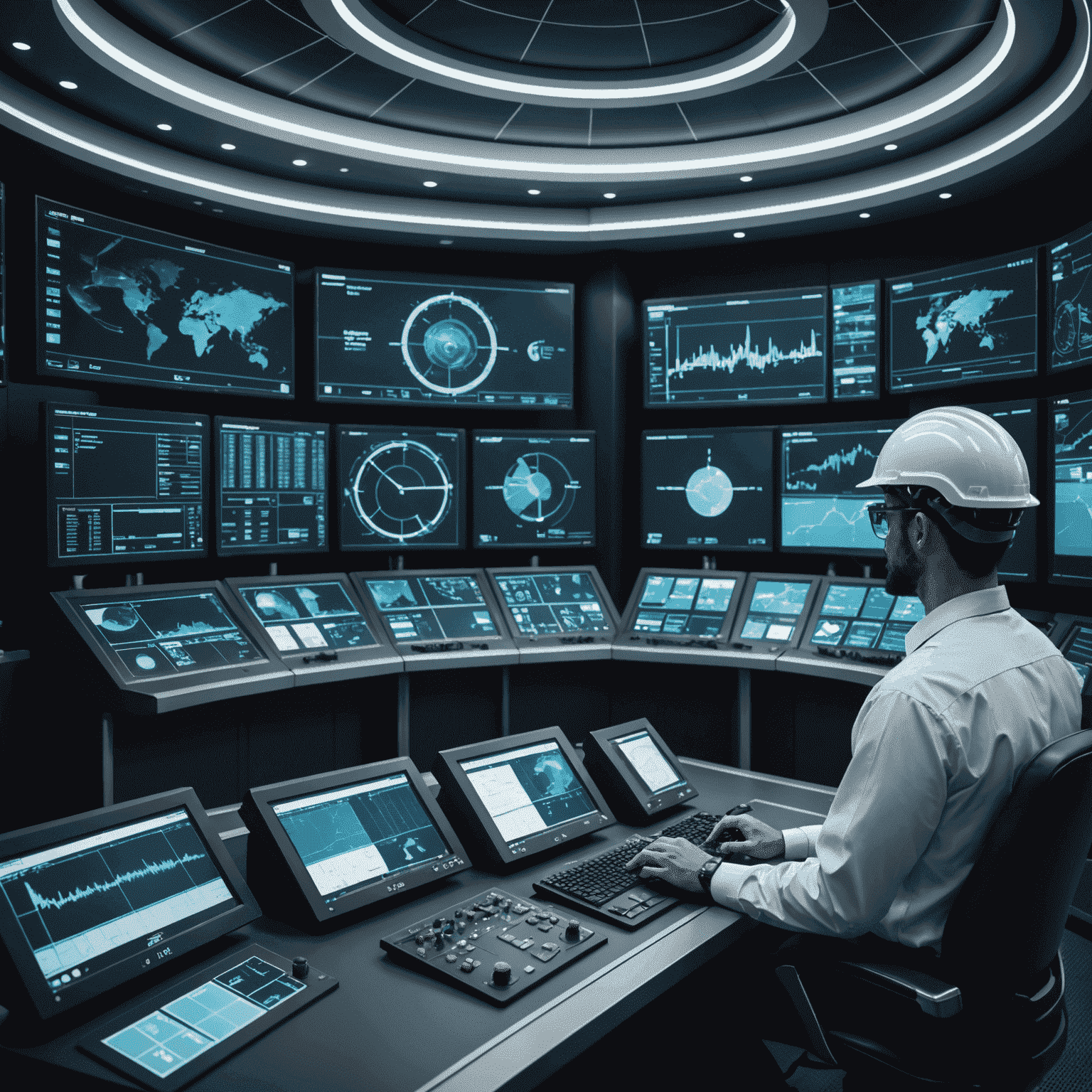 Futuristic control room with holographic displays showing real-time data analytics for petroleum operations